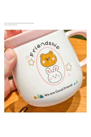 Tasarım Sevimli, Seramik kapaklı ve Kaşıklı Ayıcık Tavşan Figürlü Mug Kupa  PEMBE