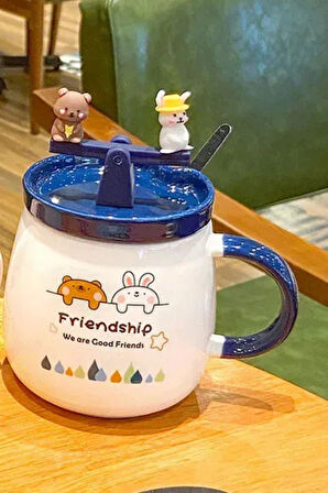 Tasarım Sevimli, Seramik kapaklı ve Kaşıklı Ayıcık Tavşan Figürlü Mug Kupa  LACİVERT