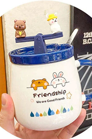 Tasarım Sevimli, Seramik kapaklı ve Kaşıklı Ayıcık Tavşan Figürlü Mug Kupa  LACİVERT