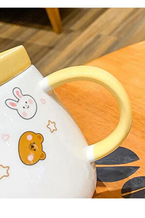 Tasarım Sevimli, Seramik kapaklı ve Kaşıklı Ayıcık Tavşan Figürlü Mug Kupa  SARI