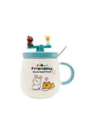 Tasarım Sevimli, Seramik kapaklı ve Kaşıklı Ayıcık Tavşan Figürlü Mug Kupa