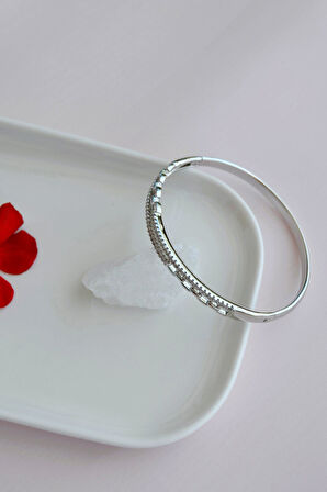 Zirkon Taşlı Rodyum Bilezik Suya Dayanıklı Gümüş Renk Kelepçe Bileklik