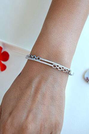 Zirkon Taşlı Rodyum Bilezik Suya Dayanıklı Gümüş Renk Kelepçe Bileklik