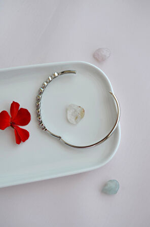 Zirkon Taşlı Rodyum Bilezik Suya Dayanıklı Gümüş Renk Kelepçe Bileklik