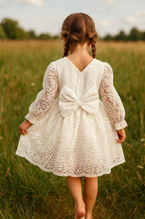 Kız Çocuk Elbise Uzun Kollu Fiyonklu Dantel Detaylı Sırt Baglamalı Bayramlık ve Özel Gün Elbisesi