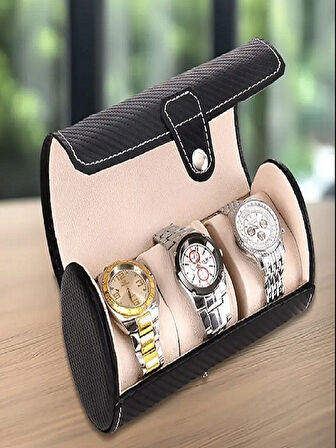 3 lü Deri Siyah Karbonfiber Silindirik Organizatör Seyahat Saat Kutusu