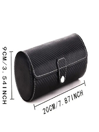 3 lü Deri Siyah Karbonfiber Silindirik Organizatör Seyahat Saat Kutusu
