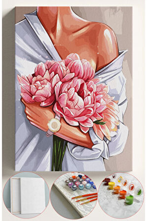 Sayılarla Boyama Seti Numaralı Tuval Fırça Boya 40x50 Cm - SAAT VE KADIN