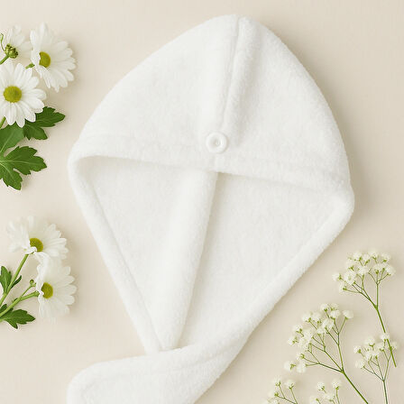 Beylini Saç Havlusu Peluş Kumaş Hızlı Kuruma Düğmeli Asılabilir Hafif Banyo Bonesi Yıkanabilir Beyaz 40X50CM