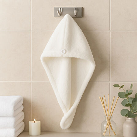 Beylini Saç Havlusu Peluş Kumaş Hızlı Kuruma Düğmeli Asılabilir Hafif Banyo Bonesi Yıkanabilir Beyaz 40X50CM