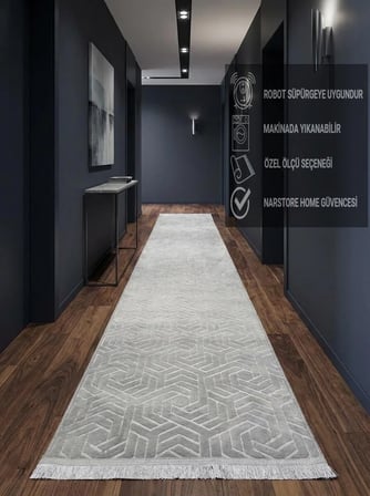 Dinar Armoni Saçaklı Kaymaz Tabanlı Kesme Kabartmalı Yıkanabilir Salon Koridor Halı Yolluk