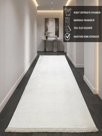 Dinar Armoni Saçaklı Kaymaz Tabanlı Kesme Kabartmalı Yıkanabilir Salon Koridor Halı Yolluk