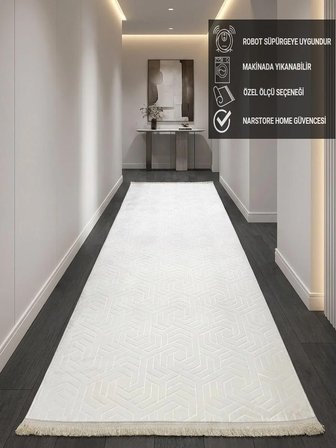 Dinar Armoni Saçaklı Kaymaz Tabanlı Kesme Kabartmalı Yıkanabilir Salon Koridor Halı Yolluk