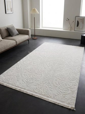 Rölyef Saçaklı Krem Joy Modern Yumuşak Dokulu Kabartmalı Kaymaz Taban Kesme Halı Yolluk