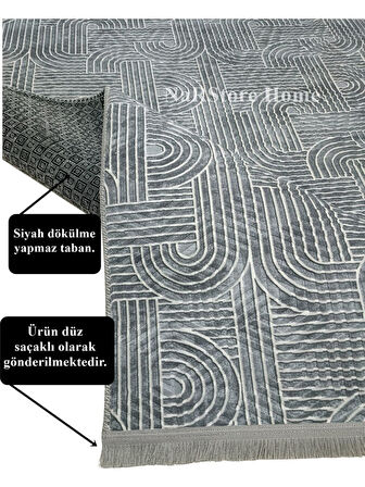 Kaymaz Taban Saçaklı Antrasit Gri Kabartmalı Yıkanabilir Kesme Yolluk Halı