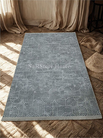 Kaymaz Taban Saçaklı Antrasit Gri Kabartmalı Yıkanabilir Kesme Yolluk Halı