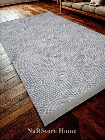 Kaymaz Taban Saçaklı Smart Diamond Gri Kabartmalı Yıkanabilir Kesme Yolluk Halı