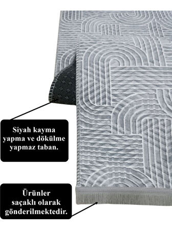Kaymaz Taban Saçaklı Smart Diamond Gri Kabartmalı Yıkanabilir Kesme Yolluk Halı