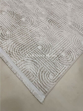 Kaymaz Taban Saçaklı Smart Diamond Krem Kabartmalı Yıkanabilir Kesme Yolluk Halı