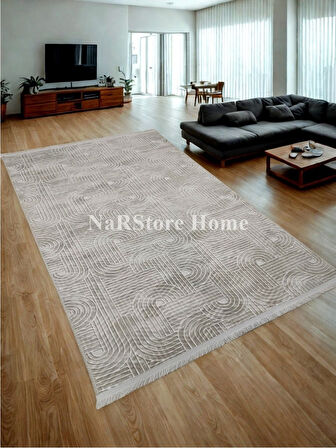 Kaymaz Taban Saçaklı Smart Diamond Krem Kabartmalı Yıkanabilir Kesme Yolluk Halı