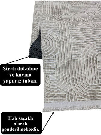 Kaymaz Taban Saçaklı Smart Diamond Krem Kabartmalı Yıkanabilir Kesme Yolluk Halı