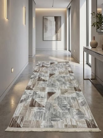 Dinar Saçaklı Gri Kahve Kaymaz Taban Yıkanabilir Kesme Yolluk Halı Modern Desen