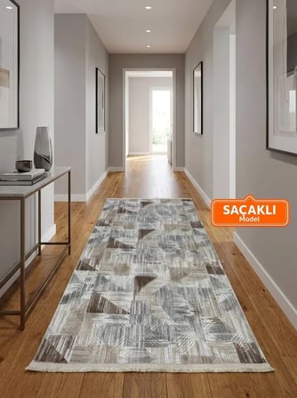 Dinar Saçaklı Gri Kahve Kaymaz Taban Yıkanabilir Kesme Yolluk Halı Modern Desen
