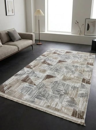 Dinar Saçaklı Gri Kahve Kaymaz Taban Yıkanabilir Kesme Yolluk Halı Modern Desen