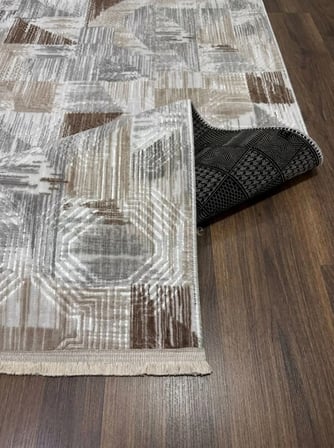 Dinar Saçaklı Gri Kahve Kaymaz Taban Yıkanabilir Kesme Yolluk Halı Modern Desen