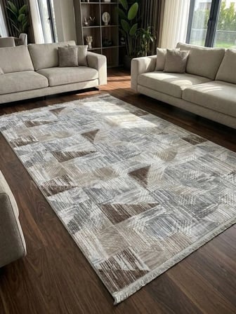 Dinar Saçaklı Gri Kahve Kaymaz Taban Yıkanabilir Kesme Yolluk Halı Modern Desen