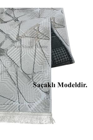 Dinar Saçaklı Mila Taş Gri Kaymaz Taban Yıkanabilir Kesme Yolluk Halı Modern Desen