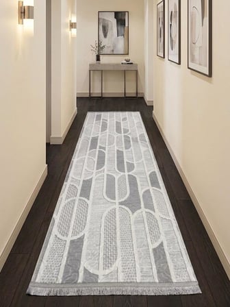 Kaymaz Taban Gri Modern Geometrik Desenli Kalın Yıkanabilir Yolluk Halı