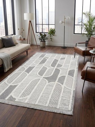 Kaymaz Taban Gri Modern Geometrik Desenli Kalın Yıkanabilir Yolluk Halı