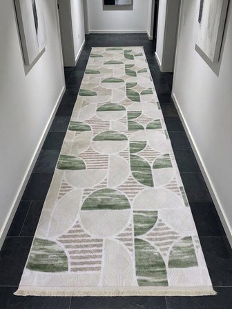 Krem Yeşil Saçaklı Modern Yıkanabilir Kabartmalı Kaymaz Taban Kesme Halı Yolluk