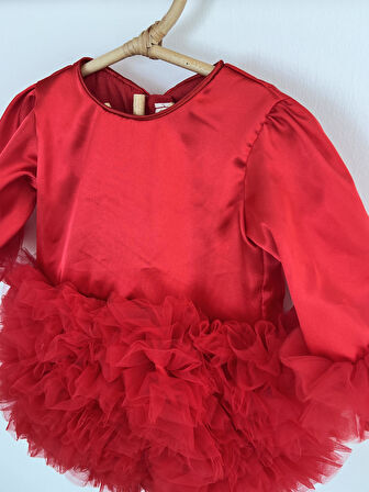 Kız Bebek Çocuk Elbise Uzun Kollu Tüllü Tütü Özel Gün Parti Doğum Günü Prenses Saten Abiye Elbise