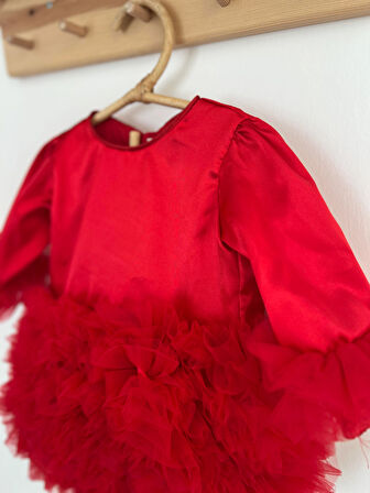 Kız Bebek Çocuk Elbise Uzun Kollu Tüllü Tütü Özel Gün Parti Doğum Günü Prenses Saten Abiye Elbise