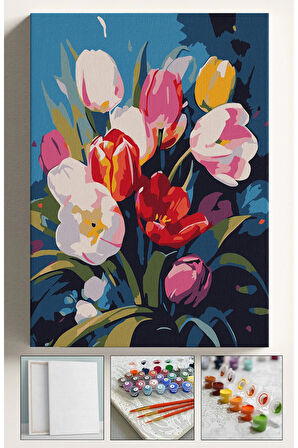 Sayılarla Boyama Seti Numaralı Tuval Fırça Boya 40x50 Cm Sade Laleler