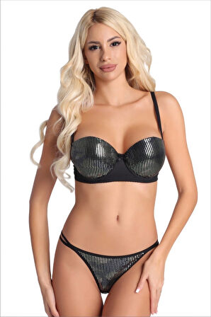 Dolgulu Destekli Pullu Şık Gece Sütyen Külot İç Çamaşırı Takımı