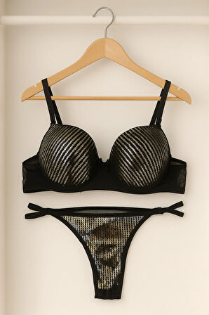 Dolgulu Destekli Pullu Şık Gece Sütyen Külot İç Çamaşırı Takımı