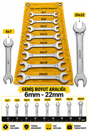8 Parça Açık Ağız Çift Taraflı Anahtar Seti C Anahtar Tamir Takımı 6x7 mm’den 20x22 mm
