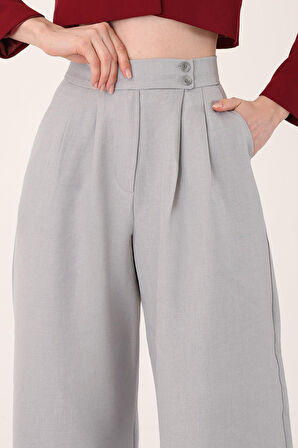 Kadın Gri Çift Düğmeli Keten Palazzo Pantolon