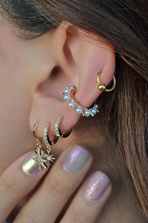 İncili Taç Model Sıkıştırma Kıkırdak Küpe Earcuff