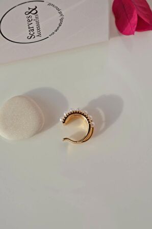 Zirkon Taşlı İncili Sıkıştırmalı Earcuff Kıkırdak Küpesi