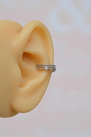 İnce Zirkon Earcuff Sıkıştırmalı Kıkırdak Küpesi Gümüş Renkli