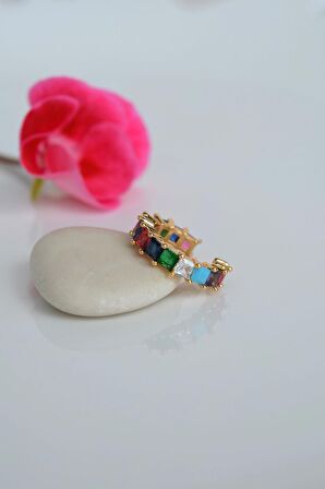 Renkli Zirkon Sıkıştırmalı Kıkırdak Küpe Multicolor