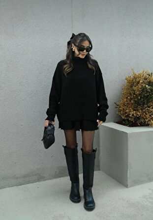 DGN'S BORDO-SİYAH-ANTRASİT PİLİSELİ  KADIN ETEKLİ TRİKO TAKIM OVERSİZE 