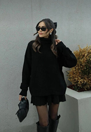 DGN'S BORDO-SİYAH-ANTRASİT PİLİSELİ  KADIN ETEKLİ TRİKO TAKIM OVERSİZE 