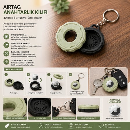 AirTag Uyumlu 3D Baskı Döner Kapaklı Anahtarlık Kılıfı