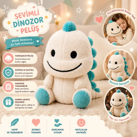 🦕 Sevimli Dinozor Peluş Oyuncak – Beyaz & Turkuaz