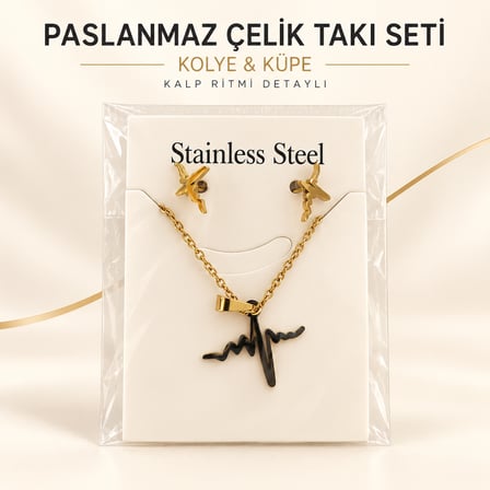 Paslanmaz Çelik Kalp Ritmi Kolye ve Peri Figürlü Küpe Seti